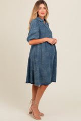 Blue Denim Button Front Short Puff Sleeve Maternity Dress