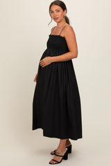 Black Smocked Pocketed Maternity Midi Dress