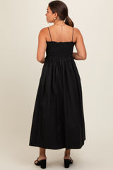 Black Smocked Pocketed Maternity Midi Dress