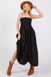 Black Smocked Pocketed Midi Dress