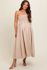 Beige Smocked Pocketed Maternity Midi Dress