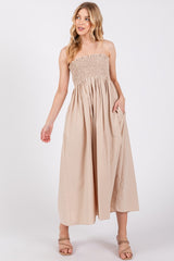 Beige Smocked Pocketed Maternity Midi Dress