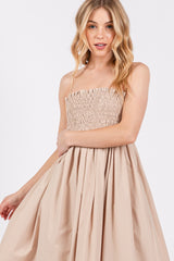 Beige Smocked Pocketed Midi Dress