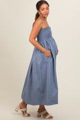 Blue Smocked Pocketed Maternity Midi Dress