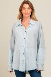 Blue Striped Button Down Oversized Long Sleeve Maternity Top