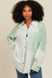 Light Olive Striped Button Down Oversized Long Sleeve Top