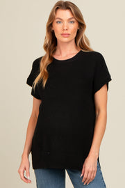 Black Dolman Short Sleeve Side Slit Maternity Sweater Top