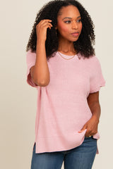 Pink Dolman Short Sleeve Side Slit Sweater Top