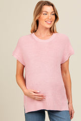 Pink Dolman Short Sleeve Side Slit Maternity Sweater Top