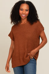 Brown Dolman Short Sleeve Side Slit Maternity Sweater Top