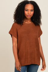 Brown Dolman Short Sleeve Side Slit Sweater Top