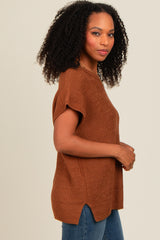 Brown Dolman Short Sleeve Side Slit Sweater Top