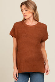 Brown Dolman Short Sleeve Side Slit Maternity Sweater Top