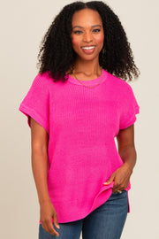 Fuchsia Dolman Short Sleeve Side Slit Sweater Top