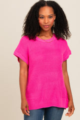 Fuchsia Dolman Short Sleeve Side Slit Sweater Top