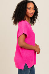 Fuchsia Dolman Short Sleeve Side Slit Sweater Top