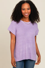 Lavender Dolman Short Sleeve Side Slit Maternity Sweater Top