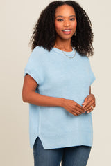 Light Blue Dolman Short Sleeve Side Slit Sweater Top