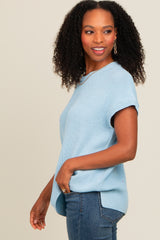 Light Blue Dolman Short Sleeve Side Slit Sweater Top