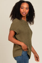 Light Olive Dolman Short Sleeve Side Slit Sweater Top