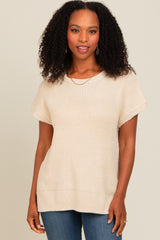 Beige Dolman Short Sleeve Side Slit Sweater Top