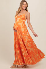 Orange Floral Pleated Satin Maternity Maxi Dress