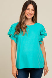 Turquoise Eyelet Lace Short Sleeve Maternity Top