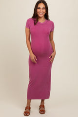 Magenta Rib Knit Back Slit Maternity Dress