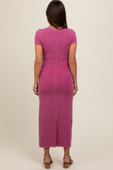 Magenta Rib Knit Back Slit Maternity Dress