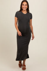 Charcoal Rib Knit Back Slit Maternity Dress