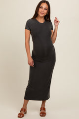 Charcoal Rib Knit Back Slit Maternity Dress