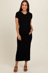 Black Rib Knit Back Slit Maternity Dress