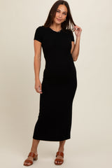 Black Rib Knit Back Slit Maternity Dress