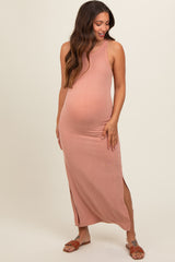 Rust Ribbed Knit Side Slit Sleeveless Maternity Dress