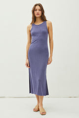 Blue Ribbed Knit Side Slit Sleeveless Maternity Dress