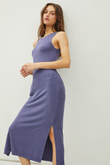 Blue Ribbed Knit Side Slit Sleeveless Dress