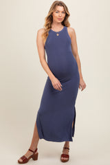 Blue Ribbed Knit Side Slit Sleeveless Maternity Dress