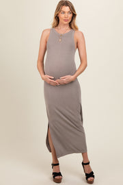 Taupe Ribbed Knit Side Slit Sleeveless Maternity Dress