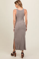 Taupe Ribbed Knit Side Slit Sleeveless Maternity Dress