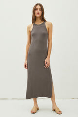 Charcoal Ribbed Knit Side Slit Sleeveless Maternity Dress