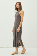 Charcoal Ribbed Knit Side Slit Sleeveless Dress