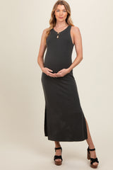 Charcoal Ribbed Knit Side Slit Sleeveless Maternity Dress