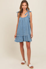 Blue Ruffle Hem Shoulder Tie Maternity Dress