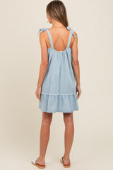 Light Blue Ruffle Hem Shoulder Tie Dress