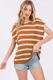 Camel Striped Dolman Short Sleeve Top