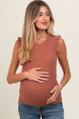 Rust Ribbed Ruffle Shoulder Maternity Tank Top