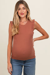 Rust Ribbed Ruffle Shoulder Maternity Tank Top