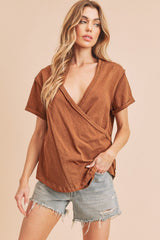 Camel Wrap Short Sleeve Raw Hem Top