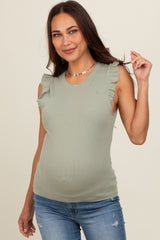 Light Olive Ribbed Ruffle Shoulder Maternity Tank Top