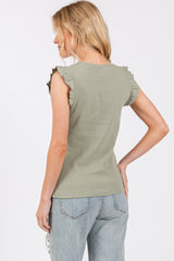 Light Olive Ribbed Ruffle Shoulder Tank Top